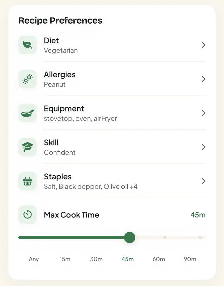 The Scrappy preferences screen with rows for diet, allergies, skill level, and kitchen equipment.